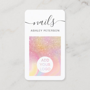 Glitter pink rainbow unicorn marble nails script business card