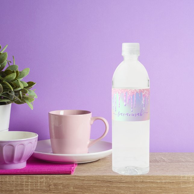 Glitter pink rose gold rainbow holographic name water bottle label (Creator Uploaded)