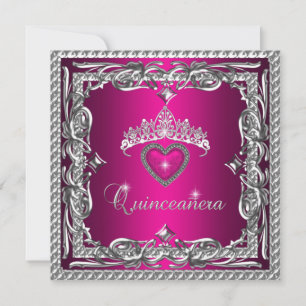 Glitter Pink Silver Tiara Quinceanera 15th Invitation