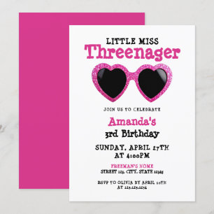Glitter Pink Sunglasses Girly Threenager Birthday Invitation