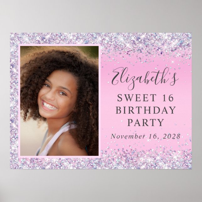 Glitter Pink Sweet 16 Birthday Party Poster (Front)