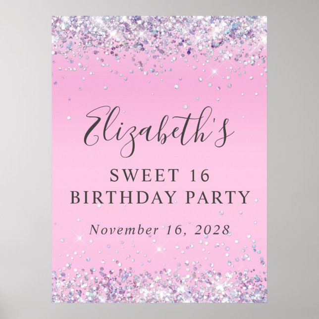 Glitter Pink Sweet 16 Birthday Party Poster (Front)