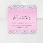 Glitter Pink Sweet 16 Birthday Thank You Square Sticker<br><div class="desc">Pretty,  glamourous and girly sweet 16 birthday thank you stickers for party favours and correspondence with sparkly holographic purple,  pink and silver faux glitter confetti along the top and bottom against a pink background and her name in a soft grey trendy script.</div>