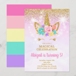 Glitter Pink Unicorn Birthday Invitation
