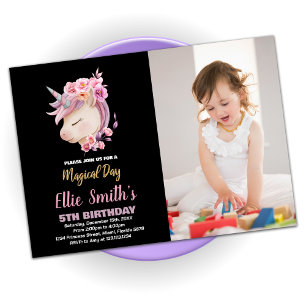 Glitter Pink Unicorn Birthday With Photo Invitation