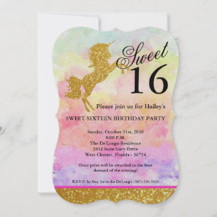 Glitter Pink Unicorn Sweet 16 Birthday Invite