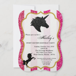 Glitter Pink Unicorn Sweet 16 Birthday Invite
