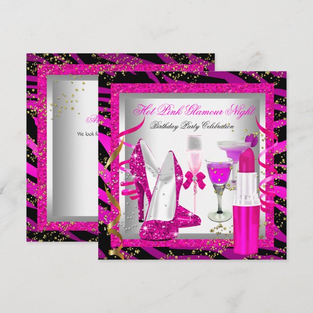 Glitter Pink Zebra Glamour Night Birthday Party Invitation (Front/Back)