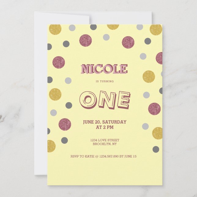 Glitter Polka Dots 1st Birthday Invitation (Front)