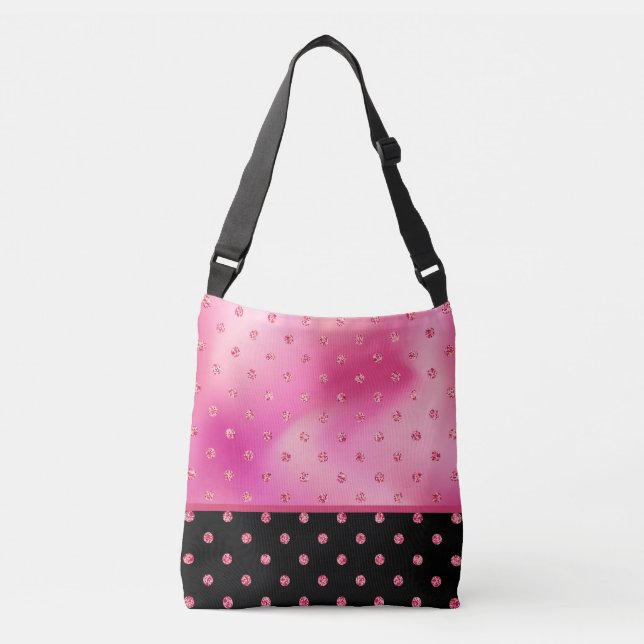 Glitter Polka Dots on Shades of Pink & Black  Crossbody Bag (Front)