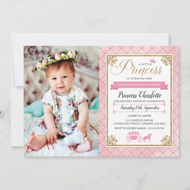 Glitter Princess 1st Birthday Party Invitations (Front)