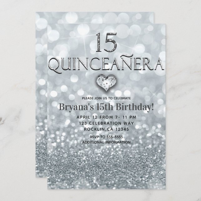 Glitter Princess Silver 15 Quinceañera Party Invitation (Front/Back)