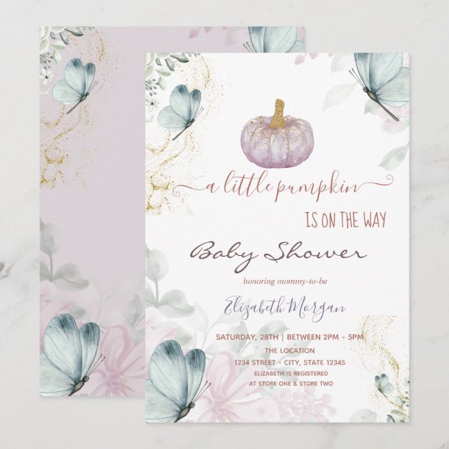 Glitter Pumpkin Blue Butterflies Baby Shower   Invitation (Front/Back)