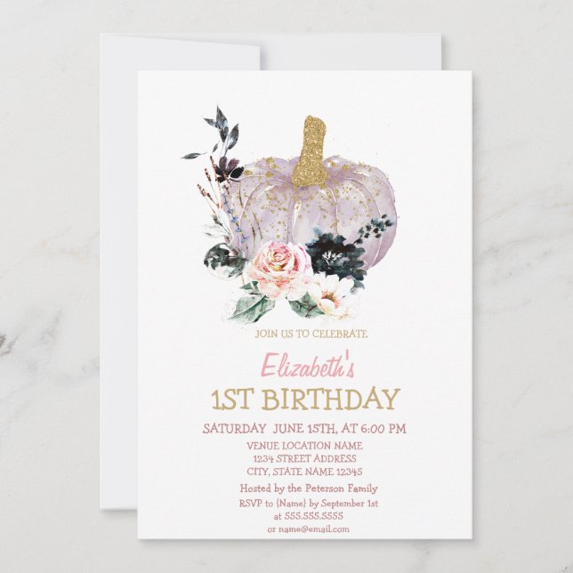 Glitter Pumpkin Flowers Birthday Invitation (Front)