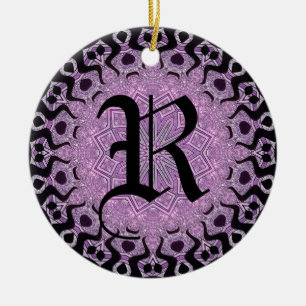 Glitter Purple Black Tribal Monogram Ceramic Tree Decoration