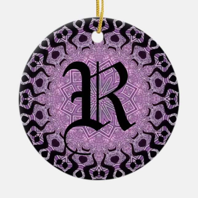 Glitter Purple Black Tribal Monogram Ceramic Tree Decoration (Front)