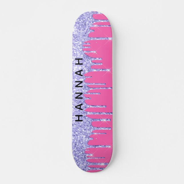 Glitter Purple Drips Personalised Hot Pink Skateboard (Front)