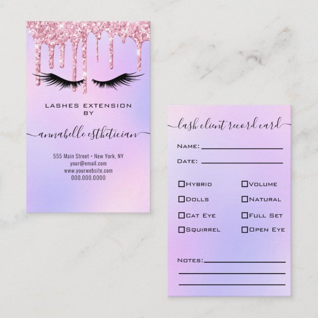 Glitter Purple Eyelash Extension Client Record  Bu Business Card (Front/Back)