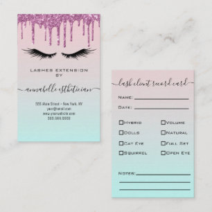 Glitter Purple Eyelash Extension Client Record  Business Card