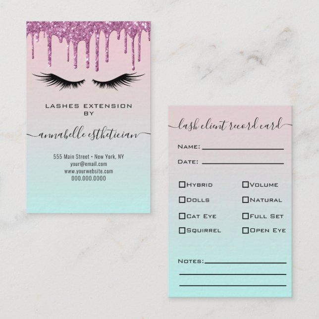 Glitter Purple Eyelash Extension Client Record  Business Card (Front/Back)