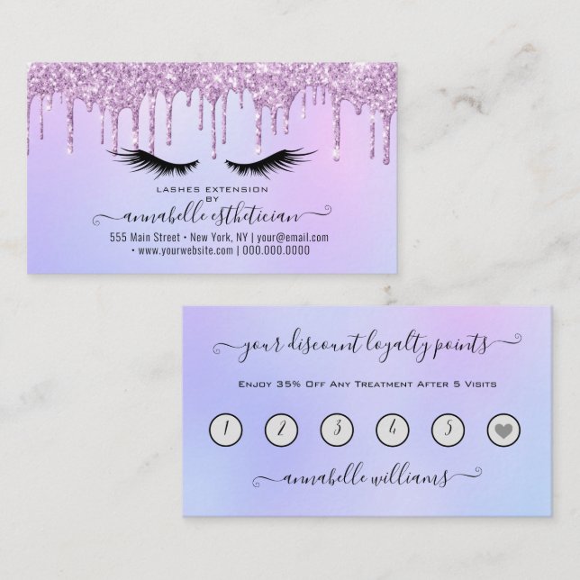 Glitter Purple Eyelash Extension Loyalty Business  Business Card (Front/Back)