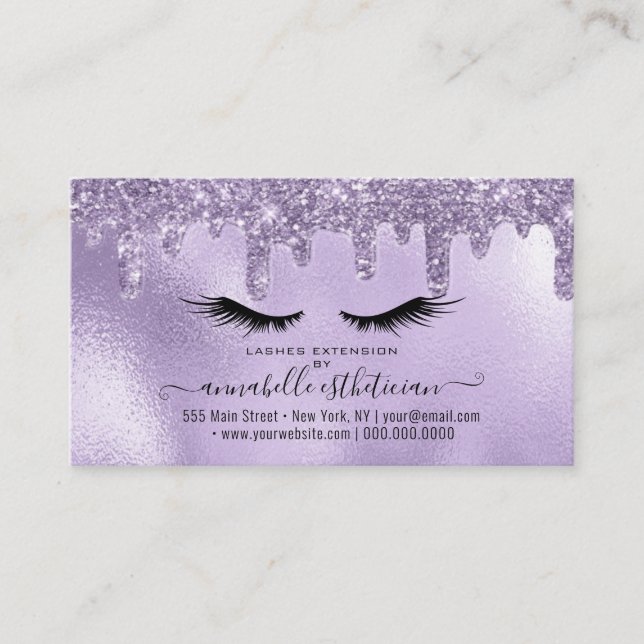 Glitter Purple Eyelash Extension Loyalty Business Card (Front)