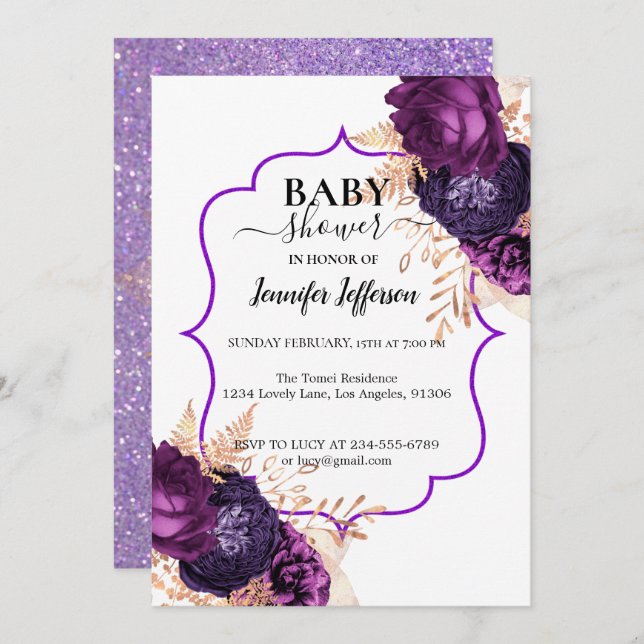 Glitter Purple Floral Baby Shower Invitation (Front/Back)