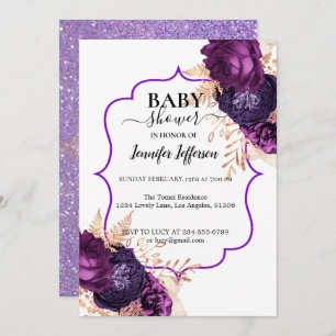 Glitter Purple Floral Baby Shower Invitation