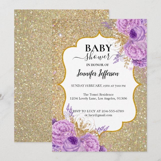 Glitter Purple Floral Baby Shower Invitation (Front/Back)