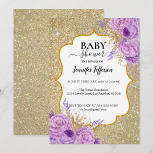 Glitter Purple Floral Baby Shower Invitation