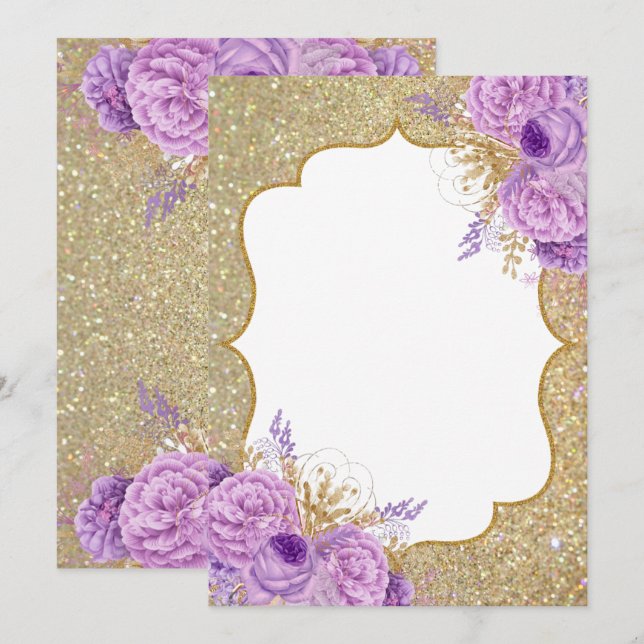 Glitter Purple Floral Blank Invitation (Front/Back)