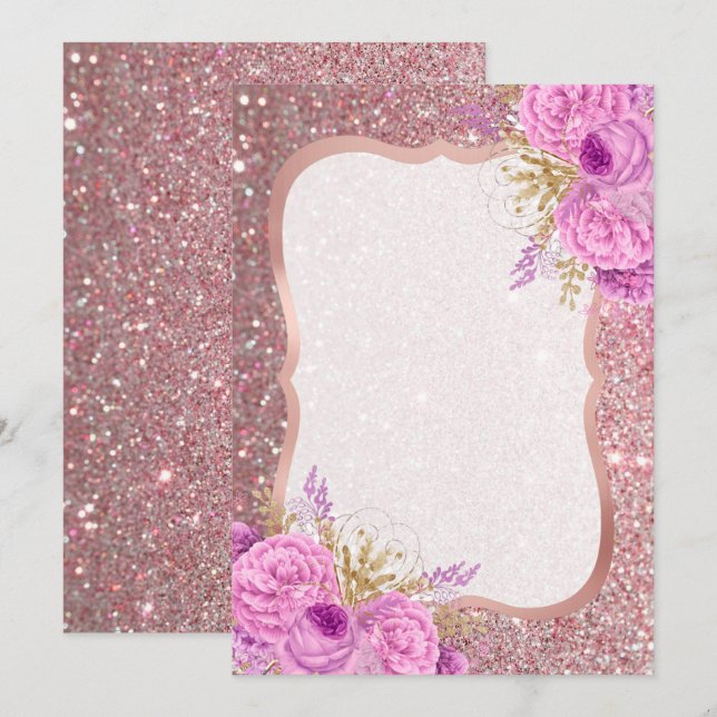 Glitter Purple Floral Blank Invitation (Front/Back)