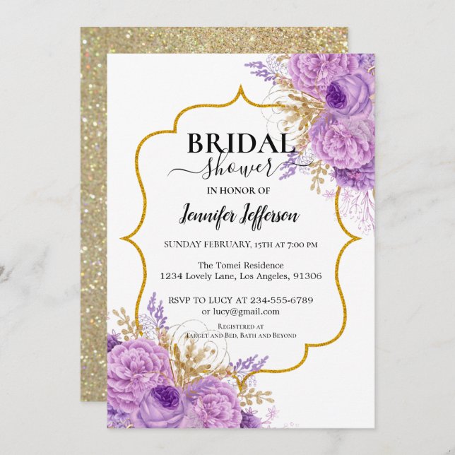 Glitter Purple Floral Bridal Shower Invitation (Front/Back)