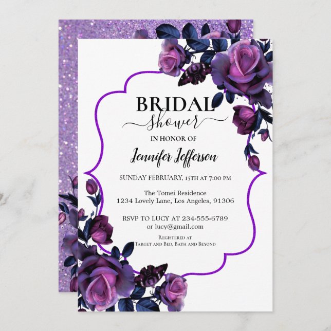 Glitter Purple Floral Bridal Shower Invitation (Front/Back)