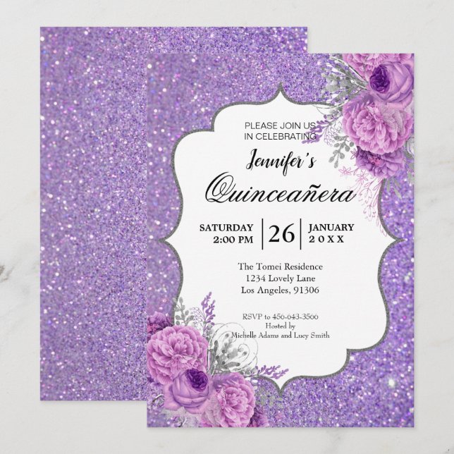 Glitter Purple Floral Quinceanera Invitation (Front/Back)