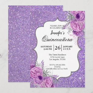 Glitter Purple Floral Quinceanera Invitation