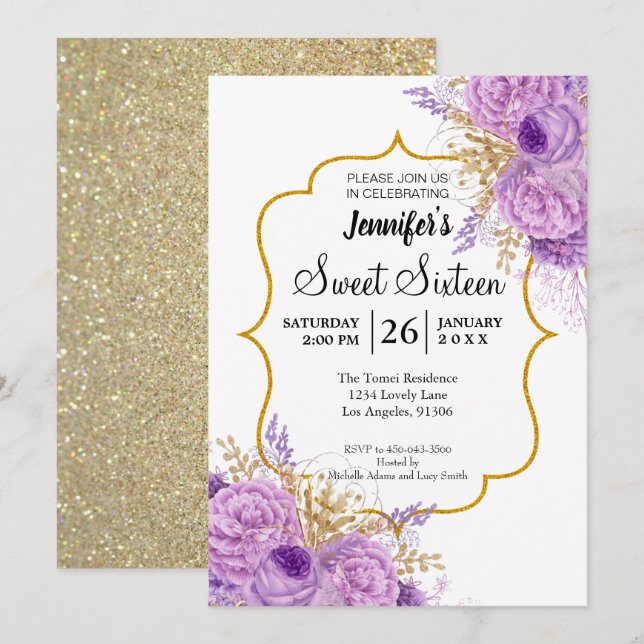 Glitter Purple Floral Sweet 16 Birthday Invitation (Front/Back)