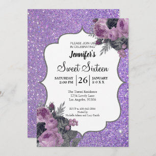 Glitter Purple Floral Sweet 16 Birthday Invitation