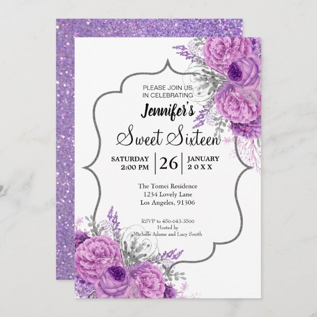 Glitter Purple Floral Sweet 16 Birthday Invitation (Front/Back)