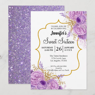Glitter Purple Floral Sweet 16 Birthday Invitation