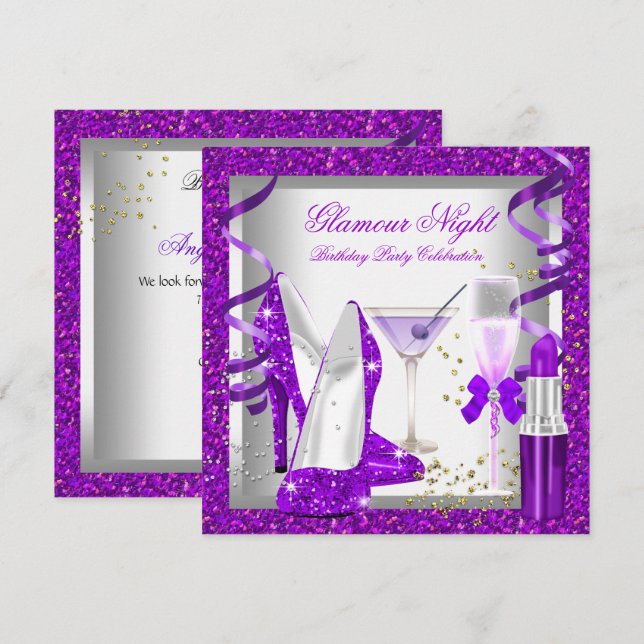 Glitter Purple Glamour Night Drinks Birthday Party Invitation (Front/Back)