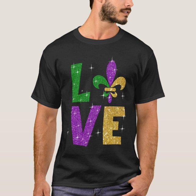 Glitter Purple Gold Love Letter Mardi Gras Festiva T-Shirt (Front)