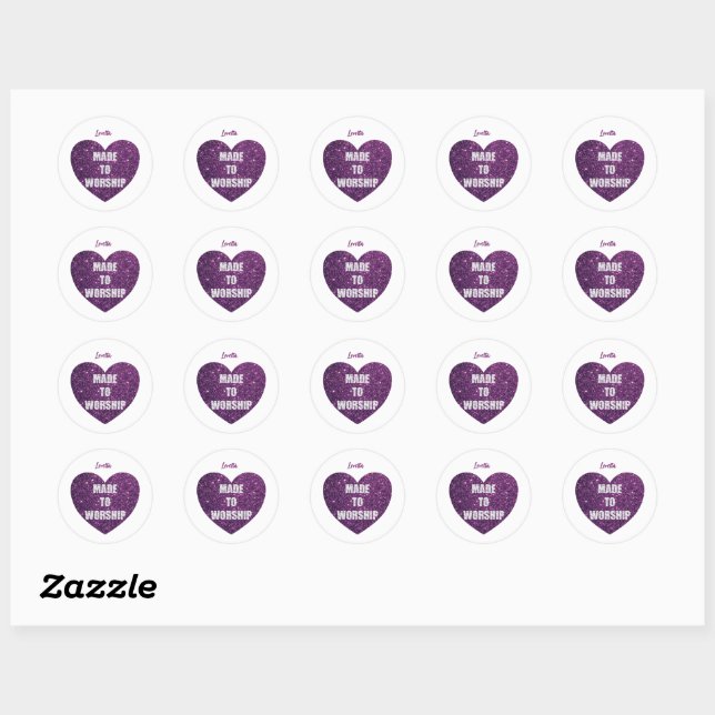 Glitter Purple Heart "Made To Worship" Classic Round Sticker (Sheet)
