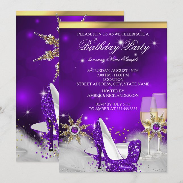 Glitter Purple High Heel Shoes Gold Champagne Invitation (Front/Back)
