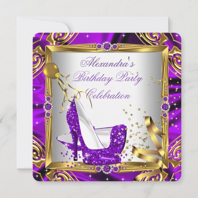 Glitter Purple High Heel Shoes Gold White Silk Invitation (Front)