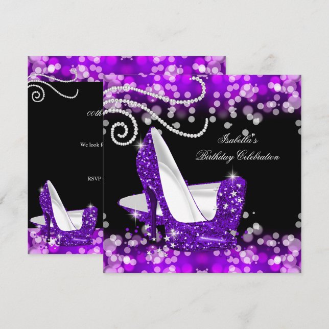 Glitter Purple High Heels Diamonds Birthday Invitation (Front/Back)