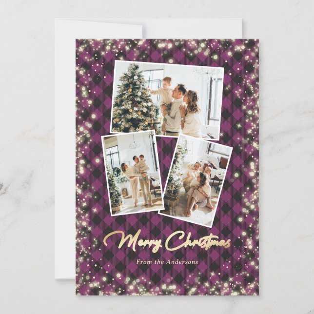 Glitter Purple Plaid Gold 3 Photo Merry Christmas Holiday Card (Front)
