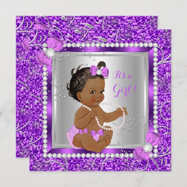Glitter Purple Silver Baby Shower Girl Ethnic Invitation (Front/Back)