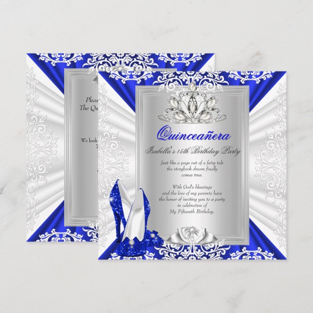Glitter Quinceanera 15th Birthday Royal Blue Heels Invitation (Front/Back)