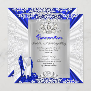 Glitter Quinceanera 15th Birthday Royal Blue Heels Invitation